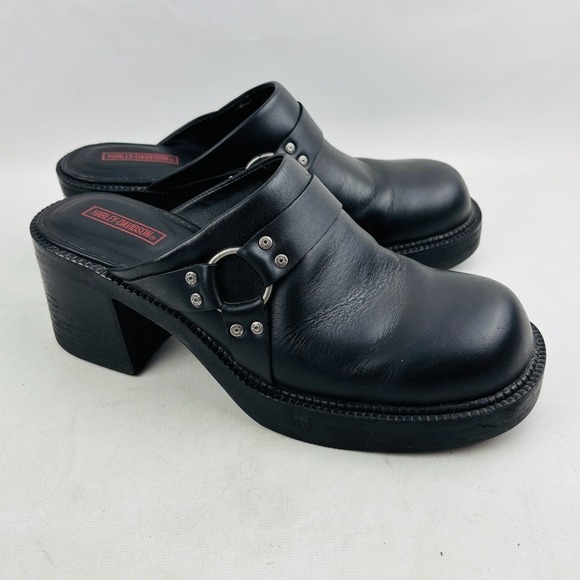 Harley-Davidson Shoes - Harley Davidson Pavement Clog Womens 9 Black Leather Harness Chunky Heel Y2K Vtg